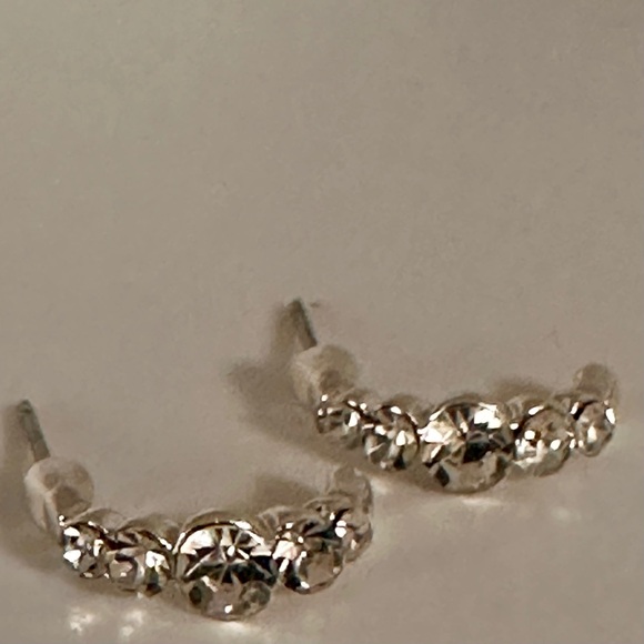 Silver Crystal Semi Hoop Stud Earrings | Rhinestone Curve Climber - Picture 6 of 8